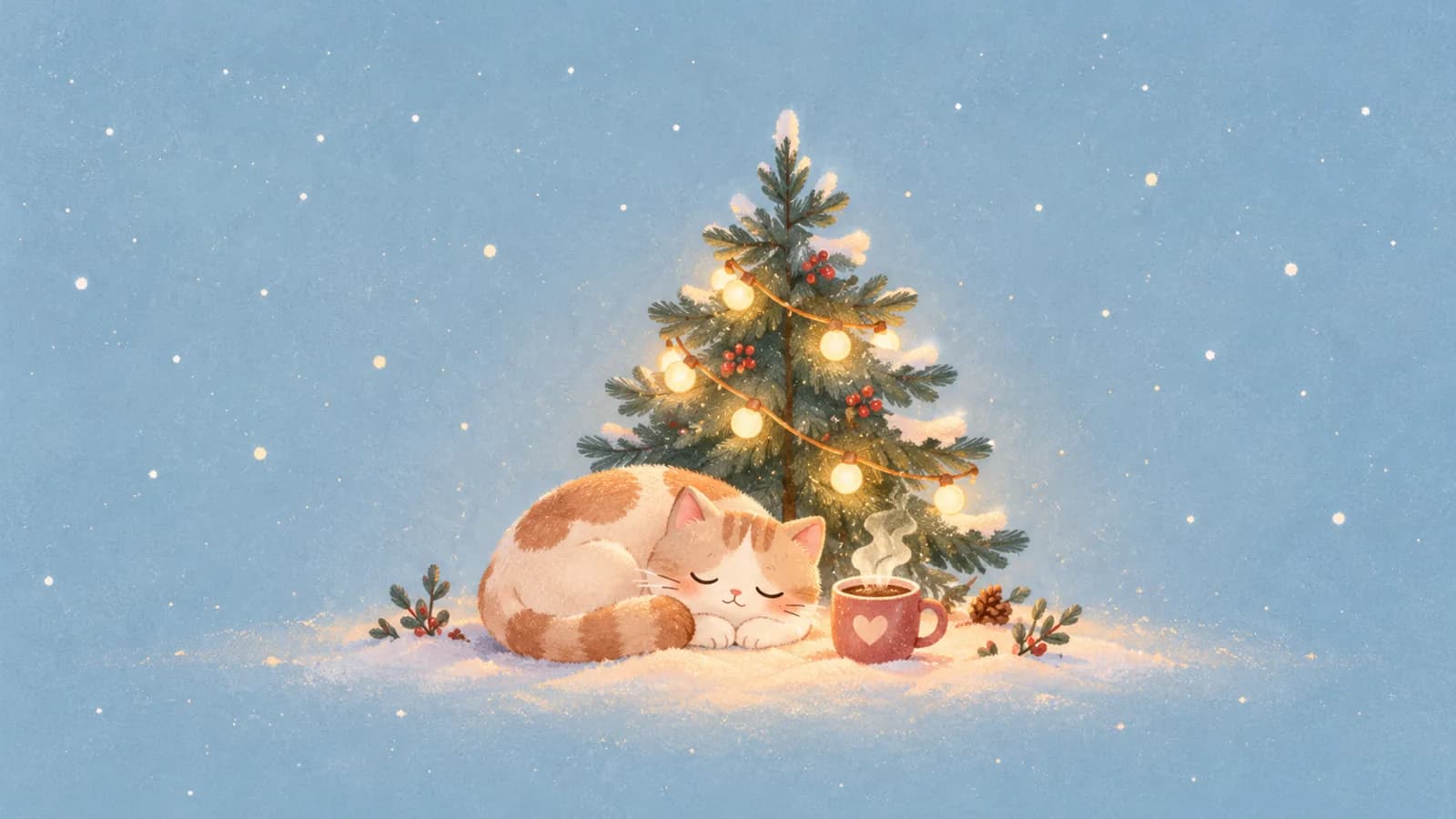 Un chat roux et blanc endormi au pied d’un petit sapin illuminé, près d’un mug fumant, sur un fond bleu pâle.