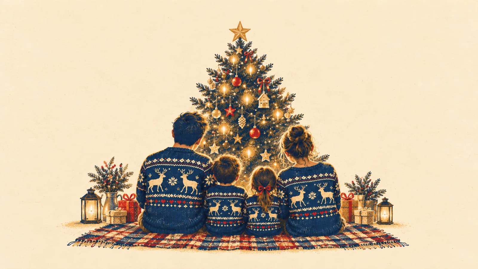 Une famille vue de dos en pulls de Noël assortis devant un sapin, illustration aux tons bleu nuit et ocre.
