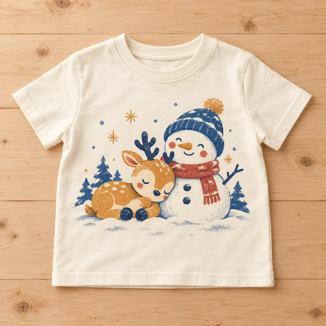 Un t-shirt d’enfant posé à plat, imprimé d’un petit renne endormi contre un bonhomme de neige souriant.