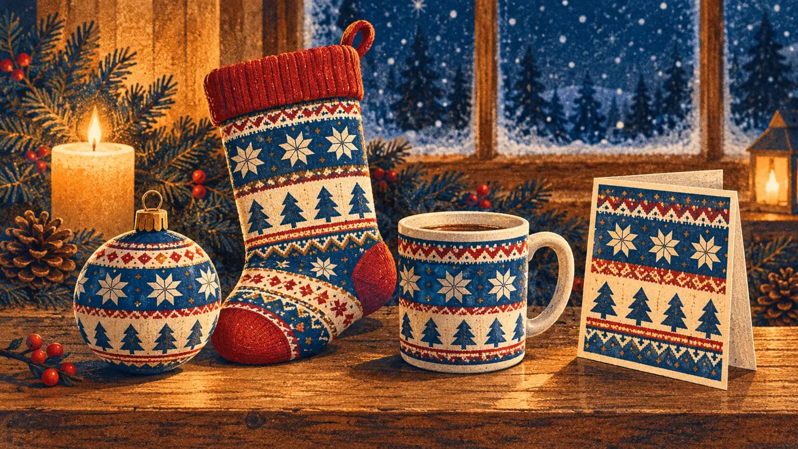 Une boule de Noël, une chaussette de Noël, un mug et une carte imprimés du même motif, posés sur une table en bois.