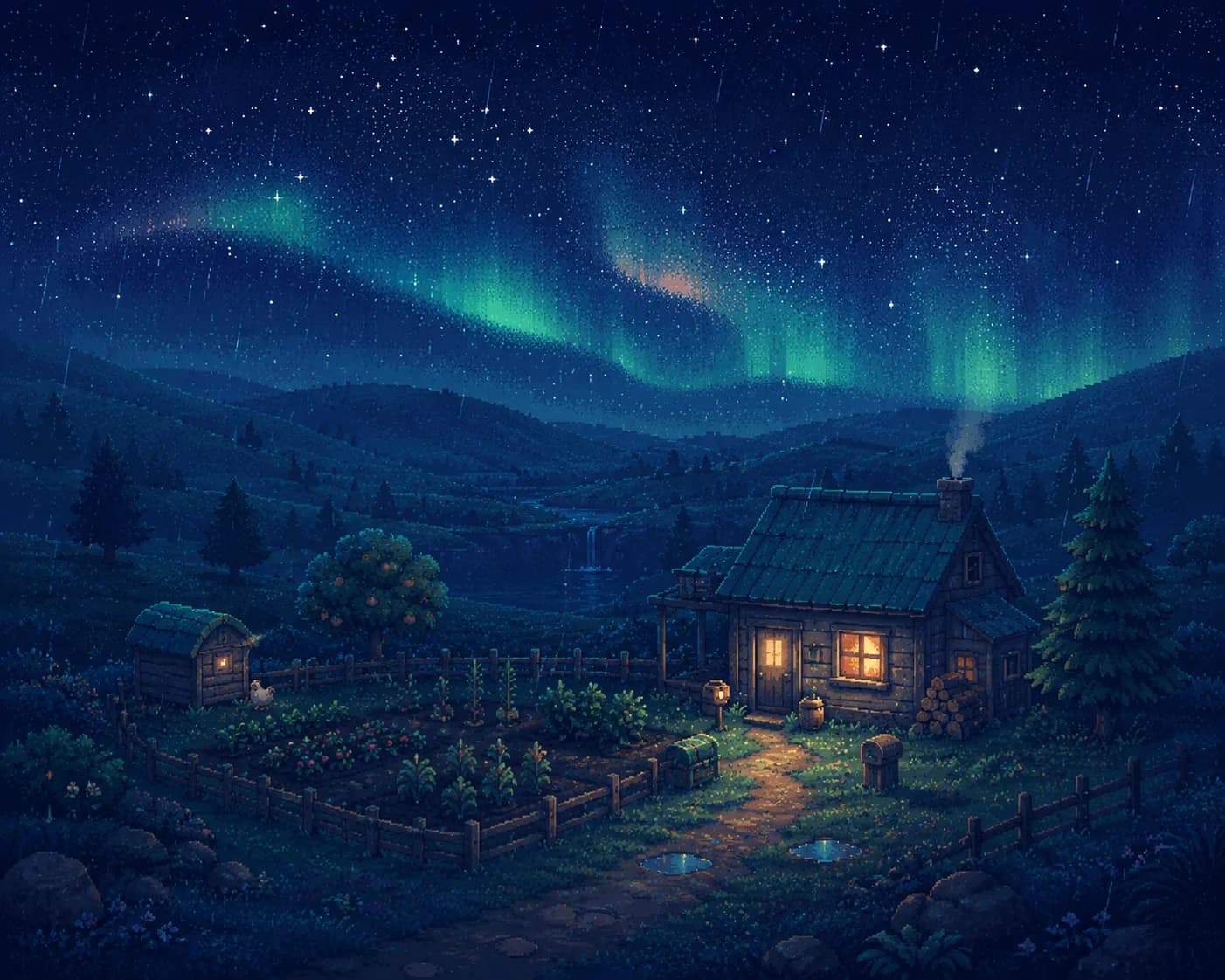 A tiny pixel-art farm under gentle rain at 2 a.m., one cabin window glowing: a small, safe world.