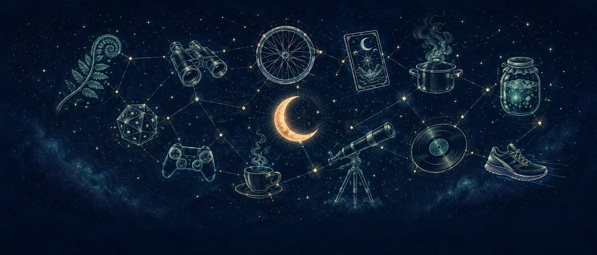 Twelve tiny subculture symbols arranged as constellations on a midnight sky around a stylised moon, the atlas as a star map.