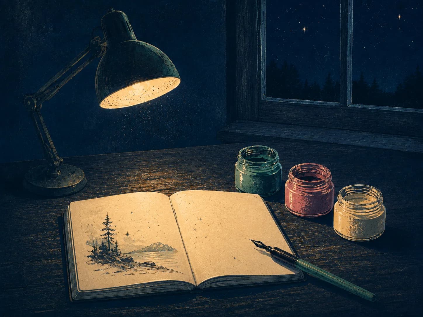 Three risograph ink pots and an open field notebook: the palette-and-method that opens every entry in the atlas.