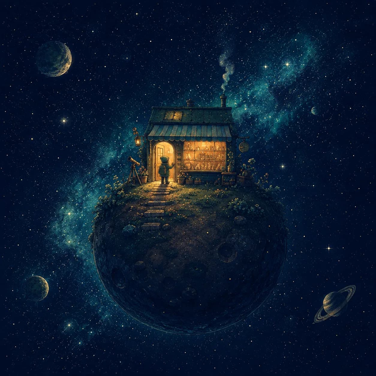 A tiny warm-lit specialist shop perched on a small planet floating in space: one shop, one clear identity.