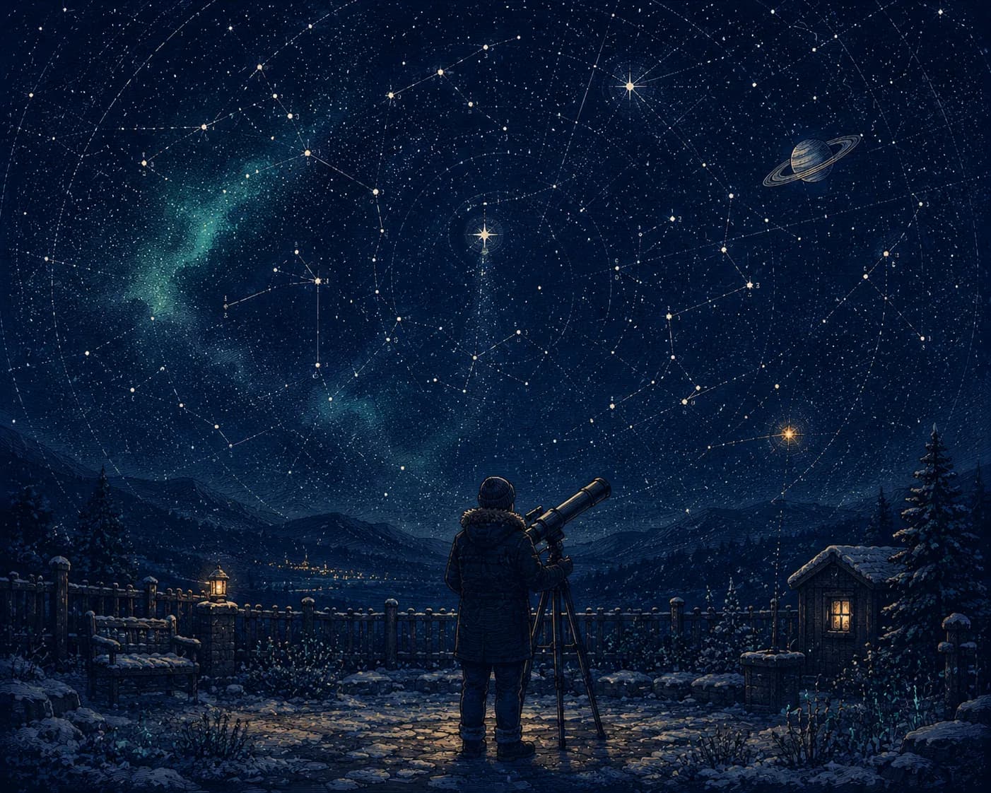 A lone figure seen from behind at a telescope in a snowy garden, beneath an engraved star-chart sky.