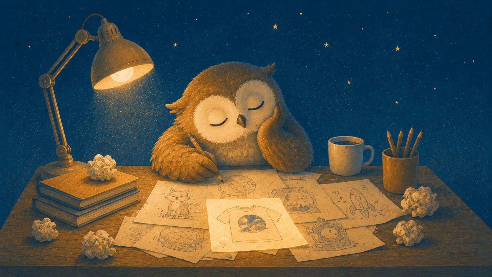 A sleepy owl surrounded by a small stack of design sketches, most rough, one glowing softly.
