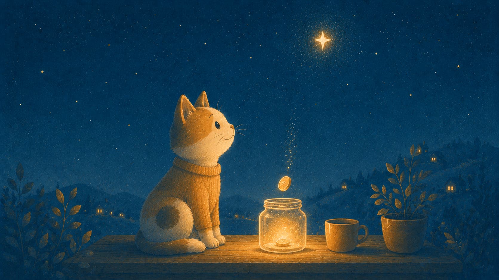 A small cat watching a single coin drop into a glowing jar at night, one star brighter than the rest.