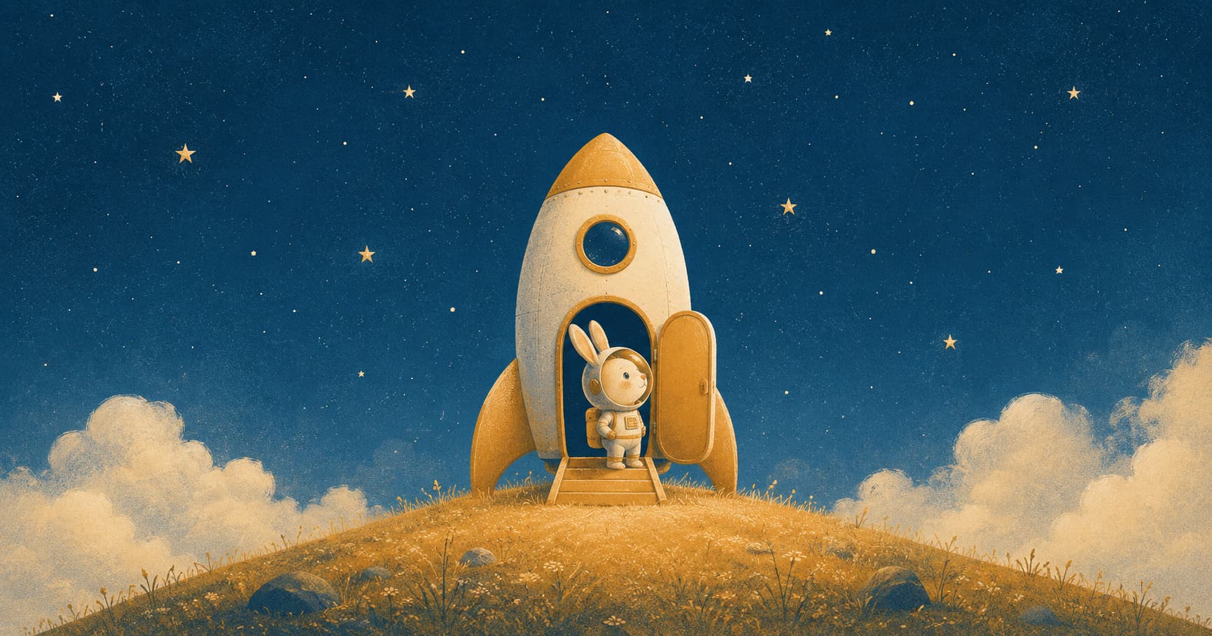 A small hopeful character at the door of a tiny rocket under a calm starry sky, about to launch a print-on-demand shop.