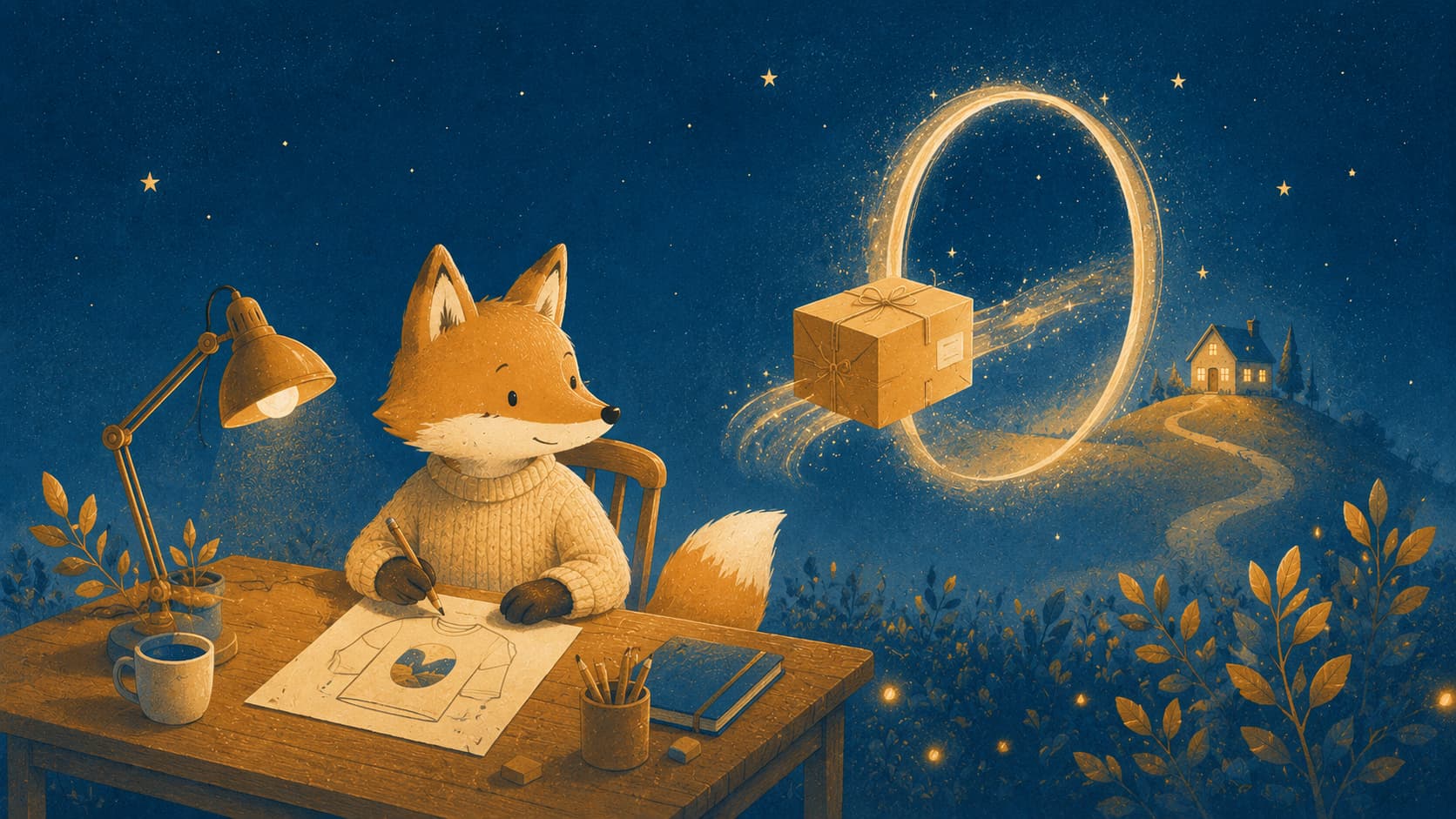 A character sketches a design while a glowing parcel floats off through a portal to be printed and shipped.