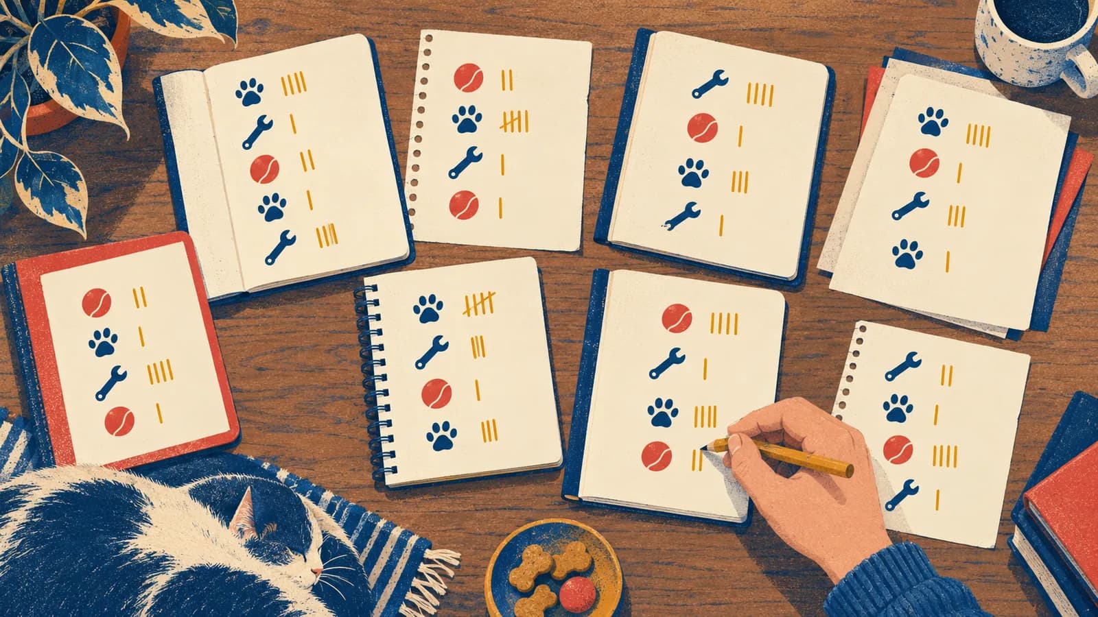 Seen from above, a desk covered with open lists; a hand ticks the symbols that repeat from one list to the next.