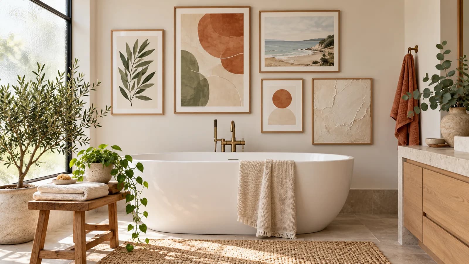 A bright bathroom with a wall of five abstract and botanical frames above a bathtub.