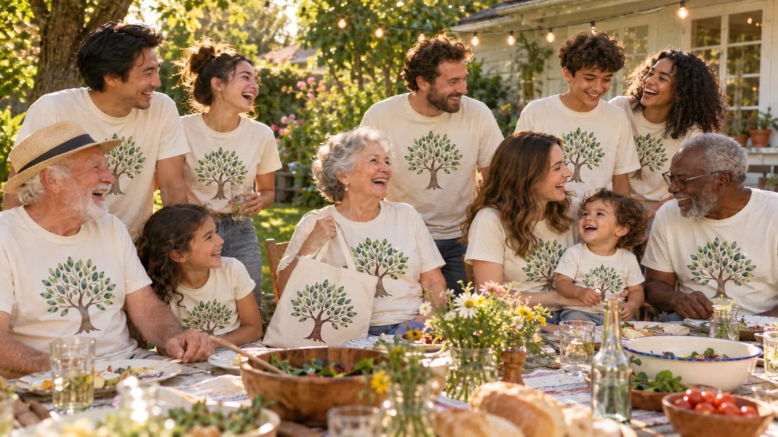 Film photo of a family reunion in a garden, three generations in matching t-shirts around a table.