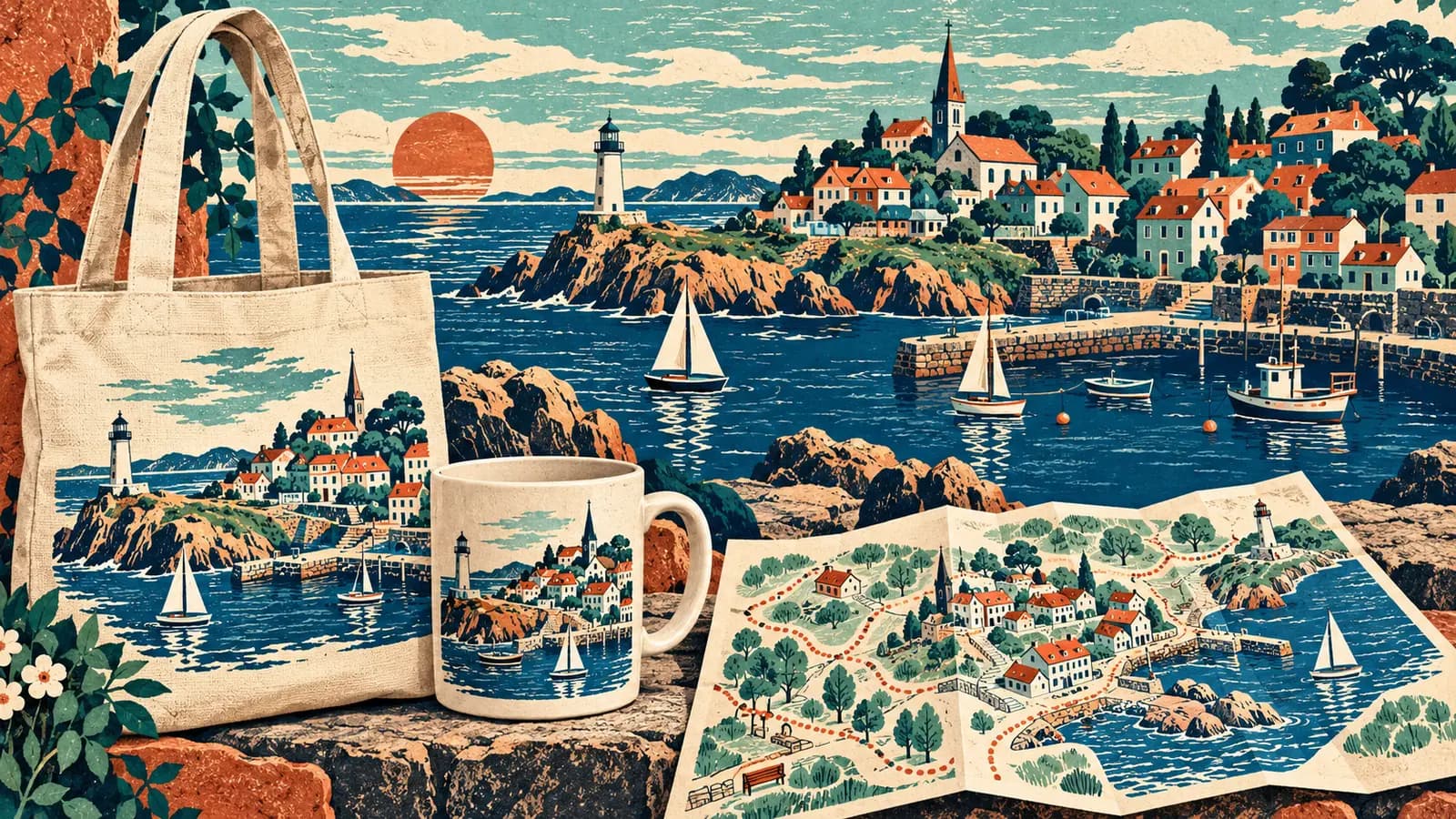 가상의 작은 항구를 그린 리놀륨 판화풍 여행 포스터. 같은 그림을 담은 토트백, 머그, 지도가 함께 있다.