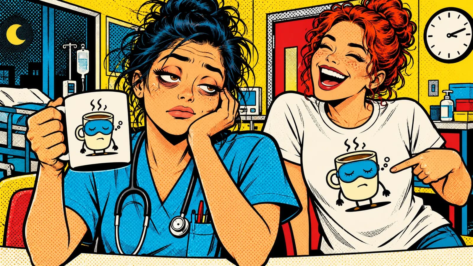 Pop-art comic panel: an exhausted nurse holds up a mug featuring a sleepy coffee cup character.