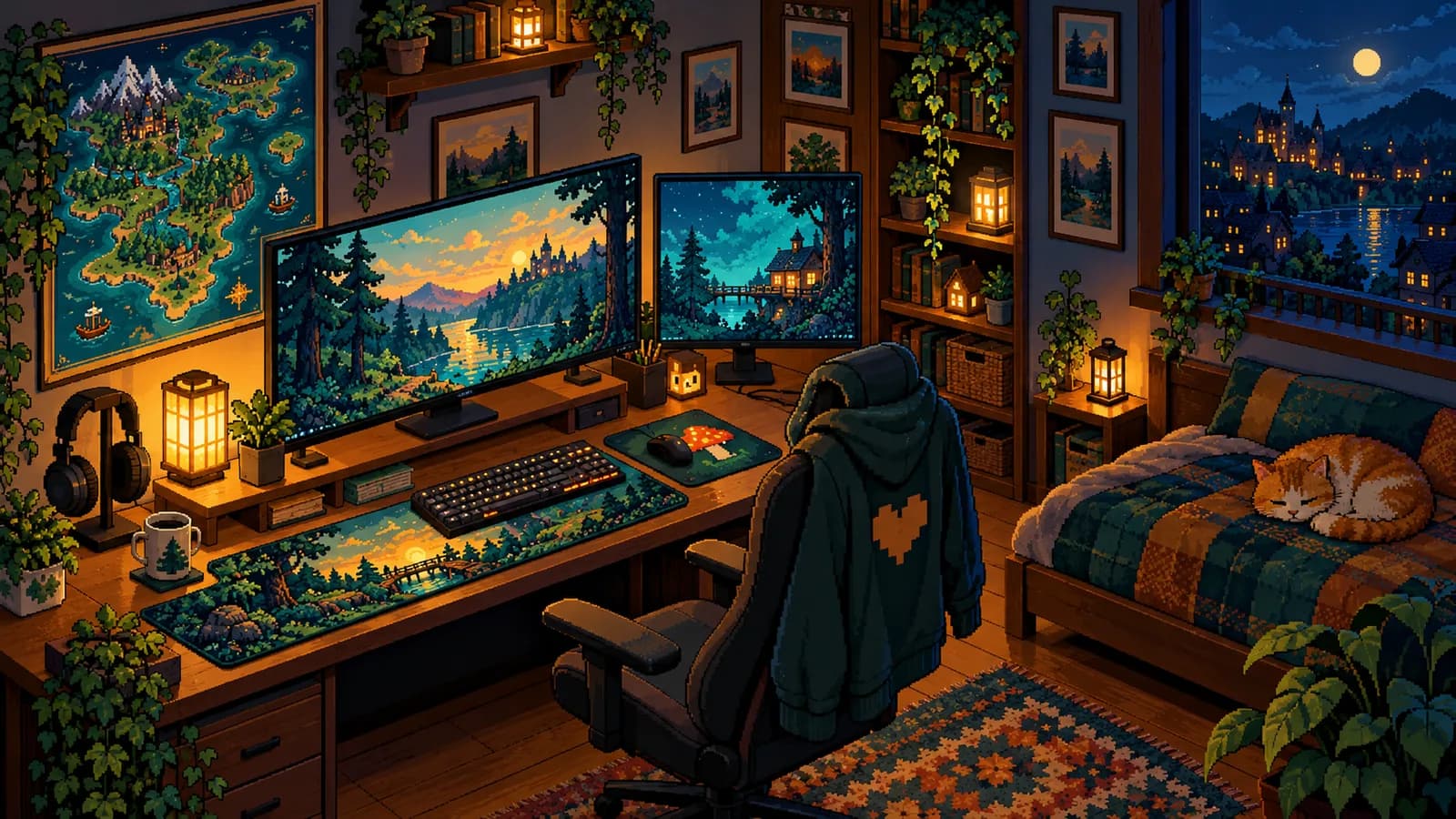Isometric pixel art of a gamer’s room at night: desk mat, poster and hoodie with original designs.