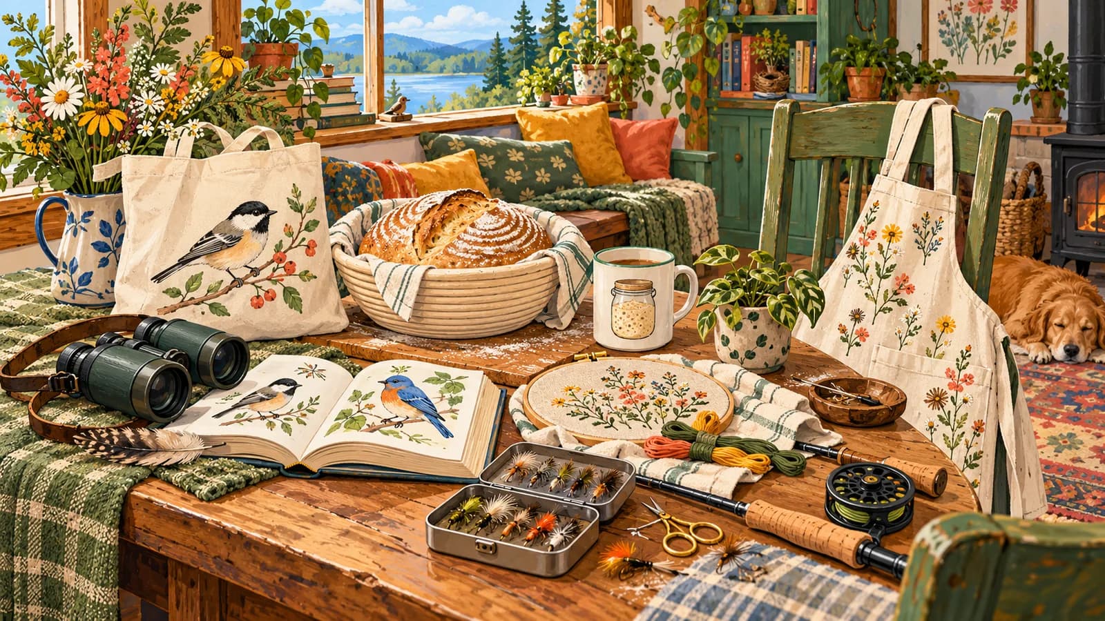 Gouache of a hobbyist’s table: binoculars, sourdough, an embroidery hoop, and a matching tote bag and mug.