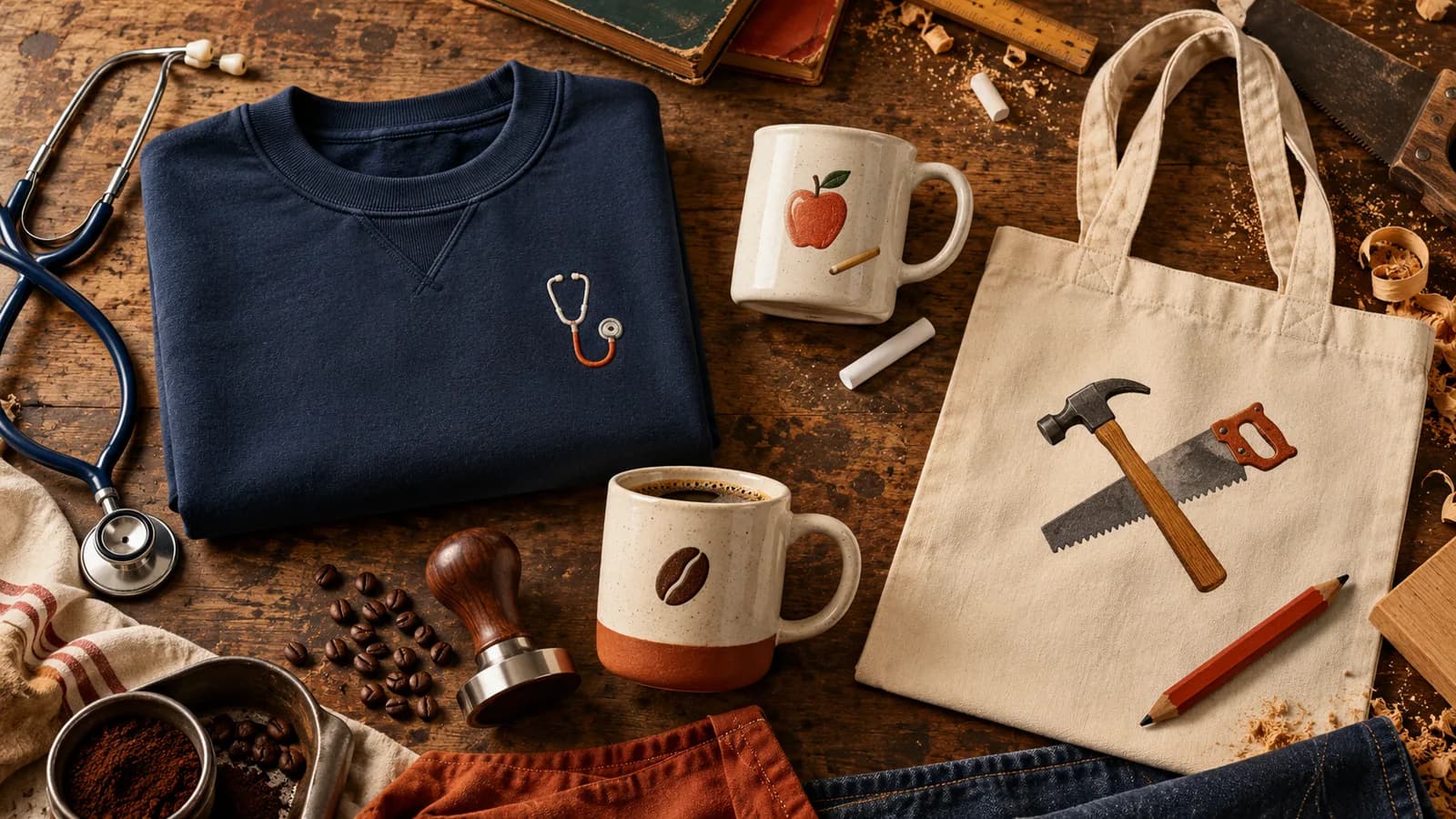 On a workbench, a sweatshirt, mugs and a tote with job patches, next to the real tools of each job.