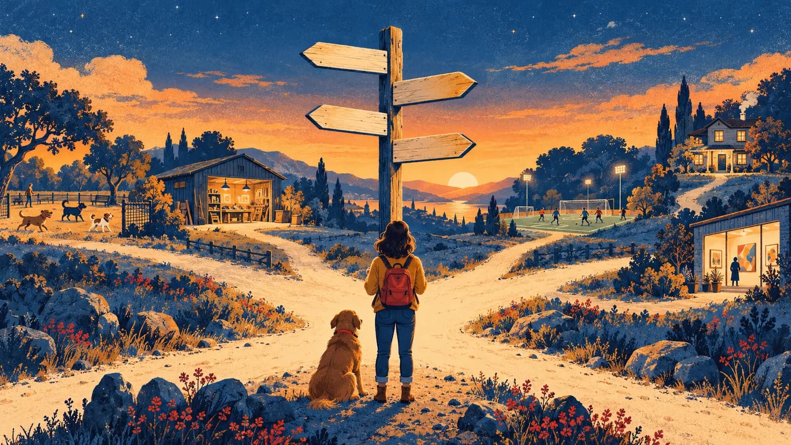 At dusk, a person and their dog seen from behind before a signpost with four blank arrows, between several paths.