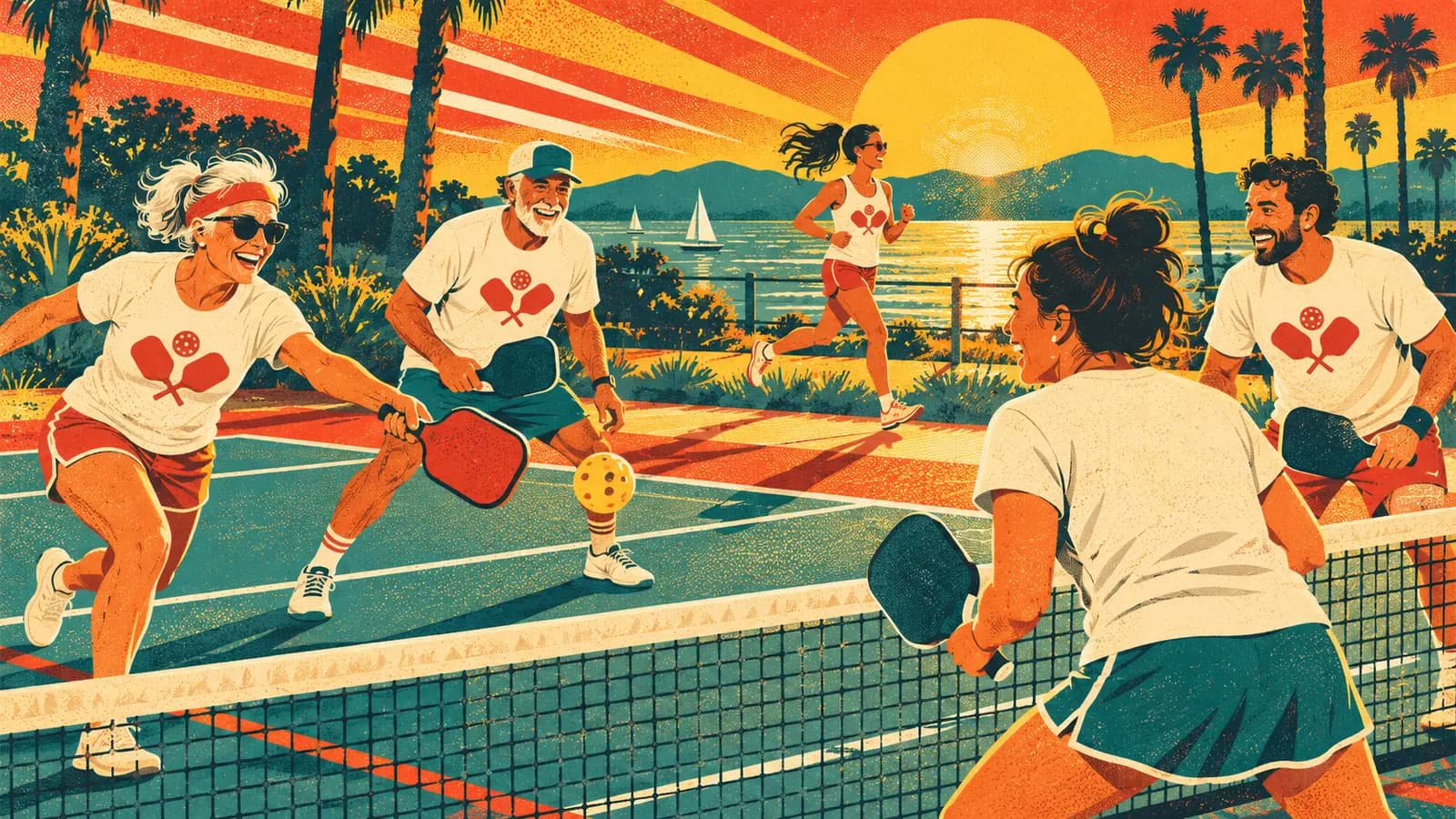 Retro 1970s poster: amateur pickleball players in matching club t-shirts at sunset.