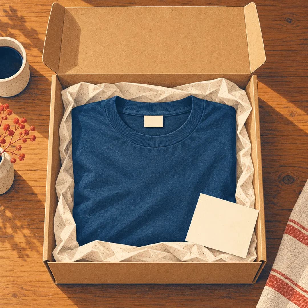An open kraft mailer: a folded blue t-shirt in tissue paper, a blank neck label and a small blank card.