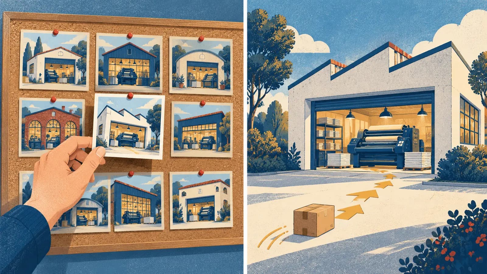 On the left, a hand picks a workshop card from a board; on the right, arrows guide a package to a large workshop.