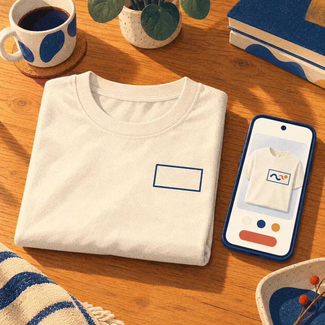 A folded t-shirt with a blank space for a first name and, next to it, a small preview screen showing the same t-shirt.