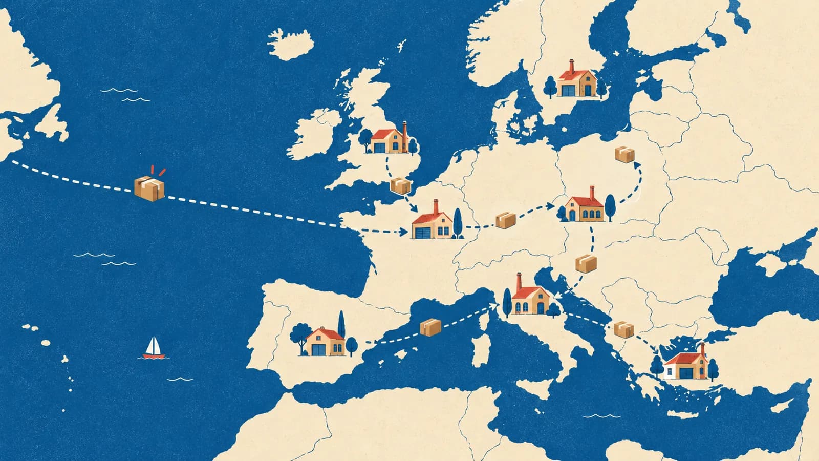 Small packages link workshops on a map of Europe; a single, longer path crosses the ocean.