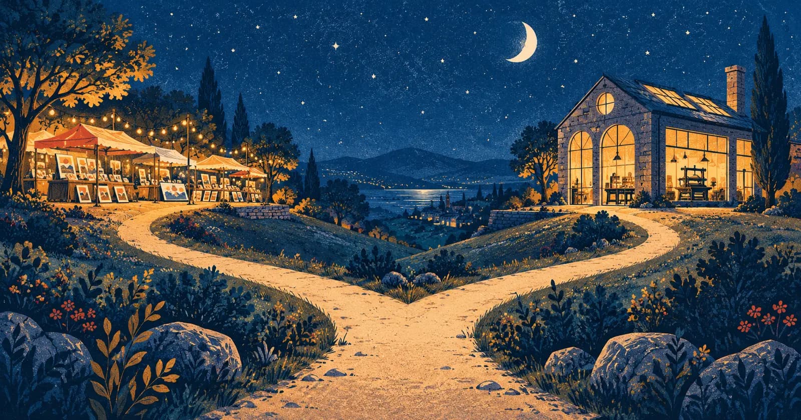 At night, two paths lead one to a market of small print stalls, the other to a large workshop with glowing windows.