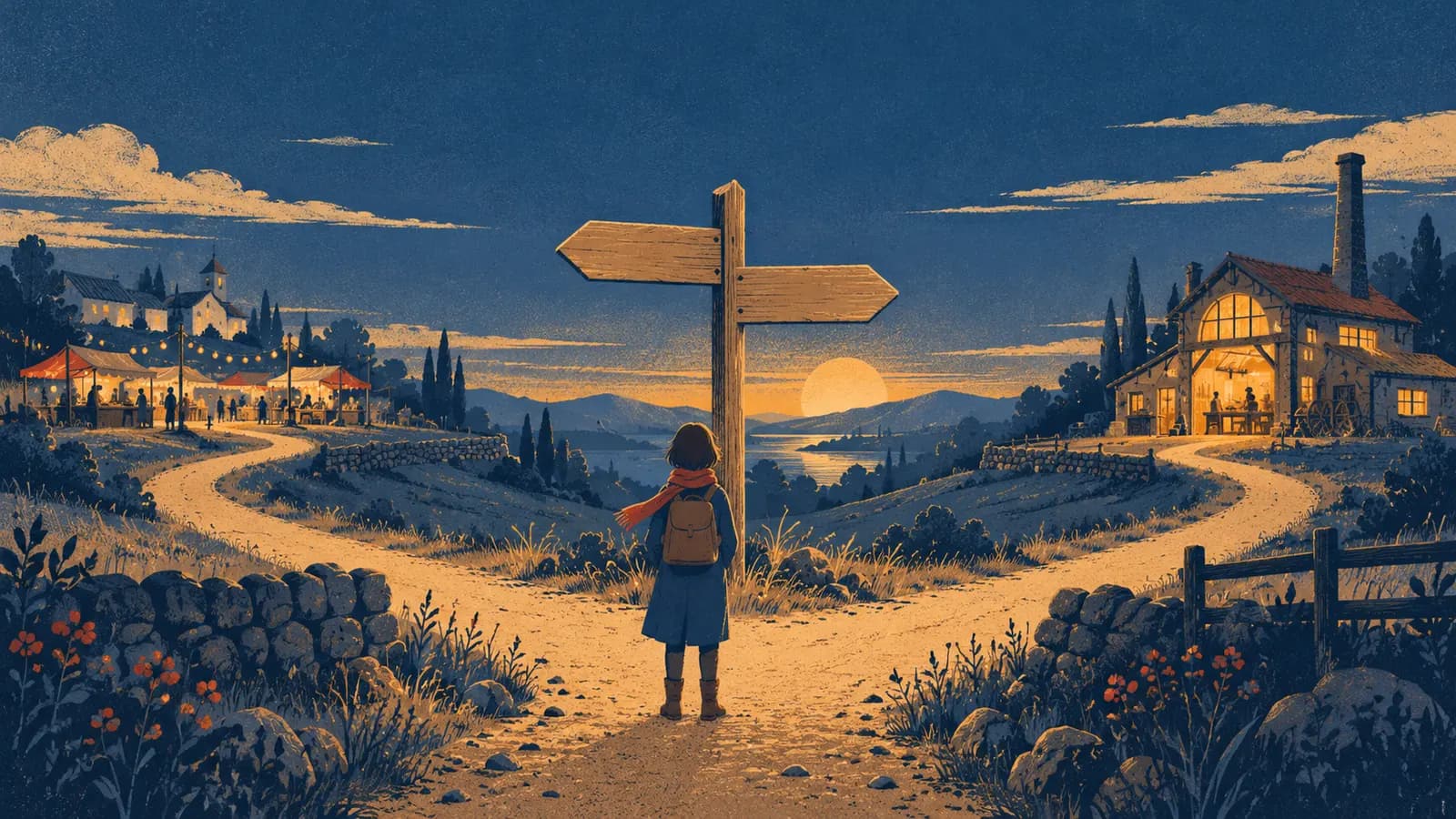 A person seen from behind before a signpost with two blank arrows, between a lit market and a large workshop, at dusk.
