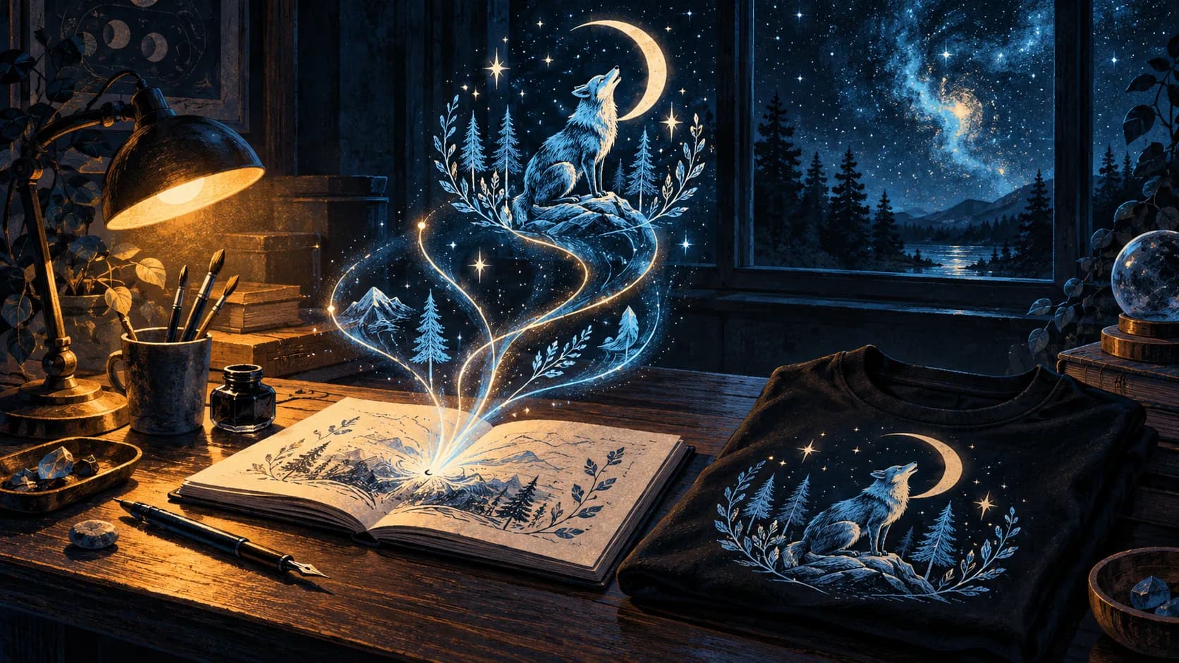 An open notebook releasing threads of light that become a fox howling at the moon, printed on a folded black t-shirt.