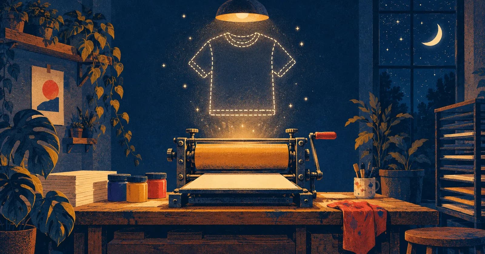 In a workshop at night, a t-shirt drawn in dotted lines floats above a small press waiting for the order.