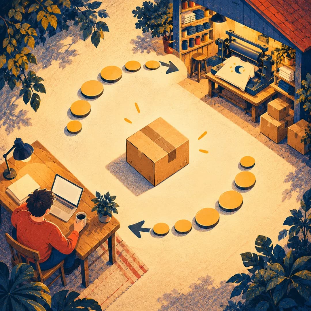 Seen from above, around a parcel, two streams of coins flow in opposite directions between a person at a desk and a workshop.