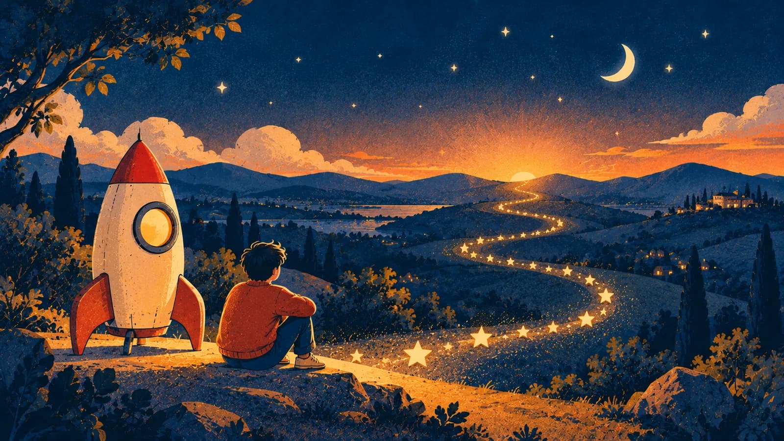 At dusk, a person seen from behind sits near a rocket, watching a path of stars wind toward the hills.