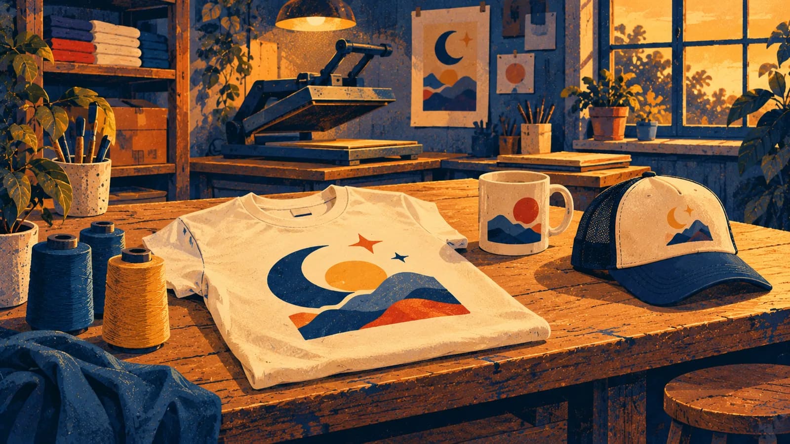 On a workbench, a t-shirt, a mug and a cap with the same moon design, spools of thread, a press in the back.