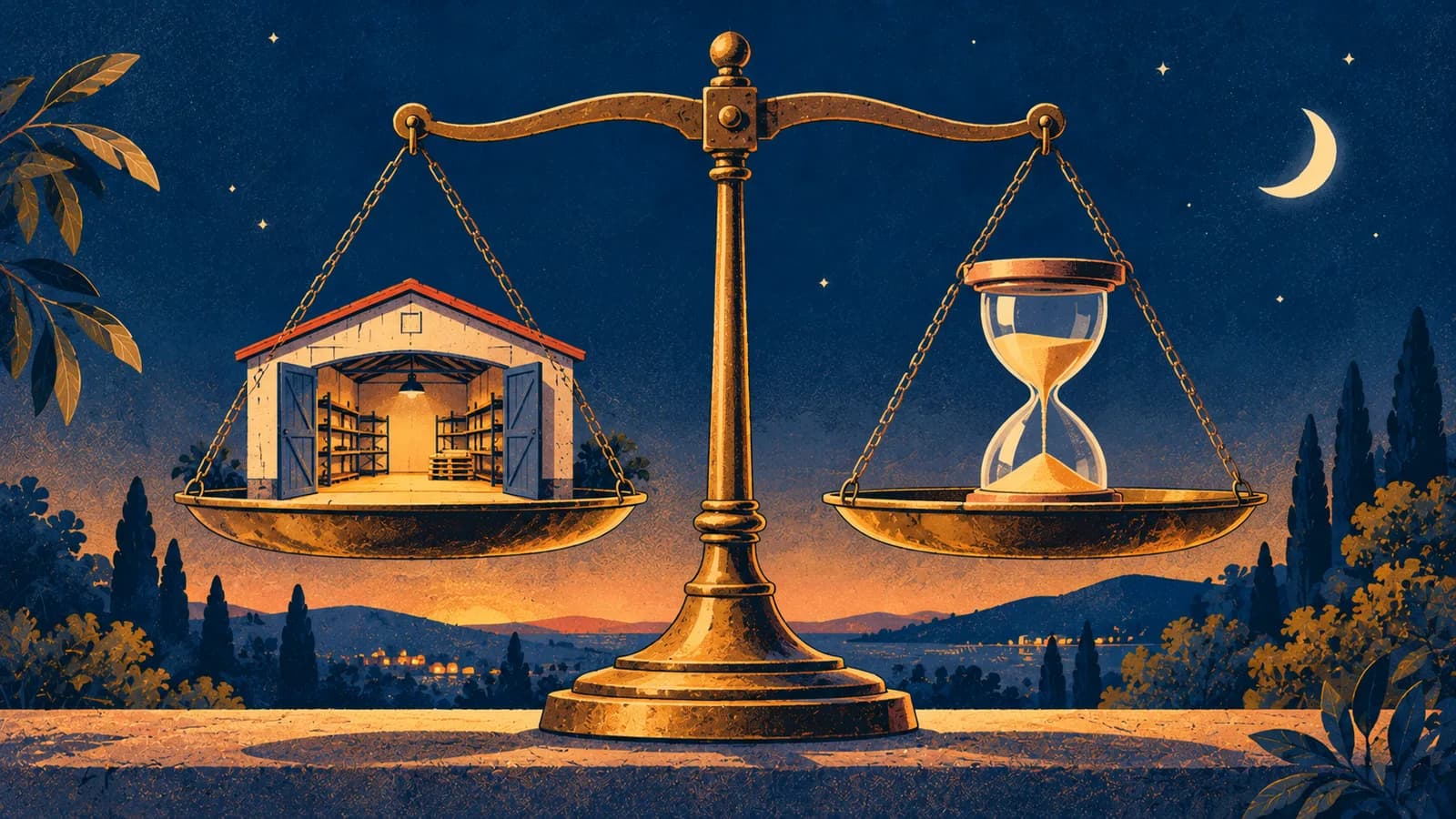 A balanced scale at night: an empty warehouse with open doors on one pan, an hourglass on the other.